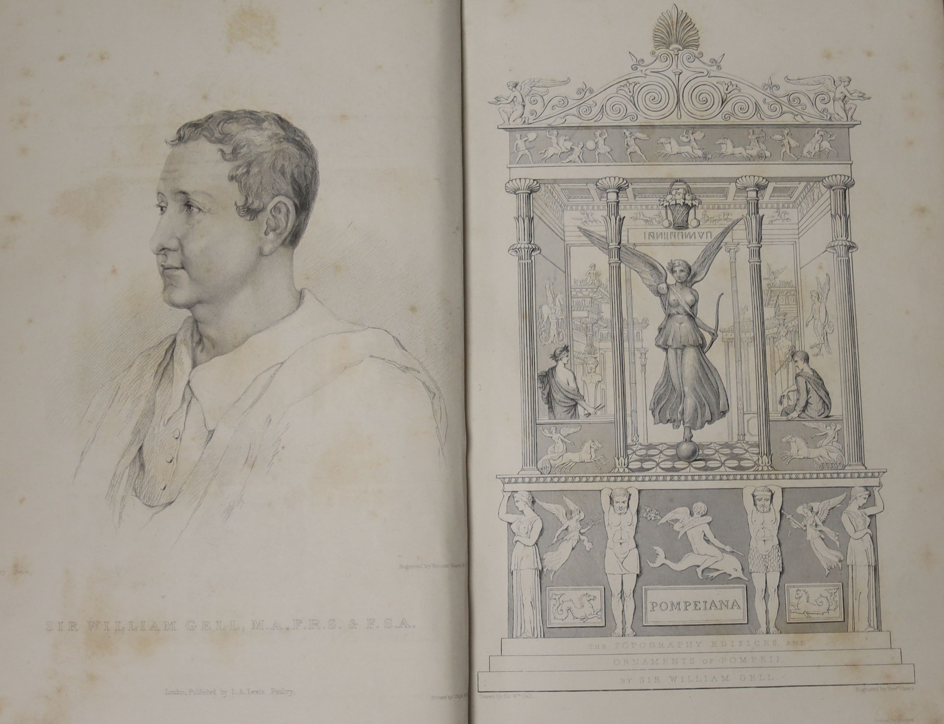 Gell, Sir William. Pompeiana: the topography, edifices and ornaments of Pompeii, the result of excavations since 1819. 2 vols. portrait, 83 engraved plates (2 hand coloured) and num. text illus.; contemp. half morocco an